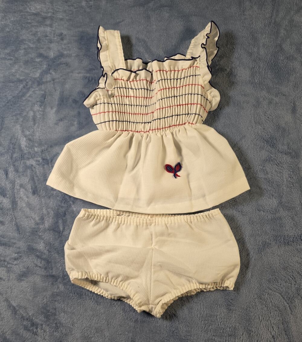 Vintage Gee Whiz Girls Size 3 Smocked Top Shorts Set White Red Blue Tennis